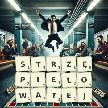 Kreatywna ilustracja do gry w Scrabble ze słowem STRZĘPIELOWATEJ ułożonym z płytek na planszy.