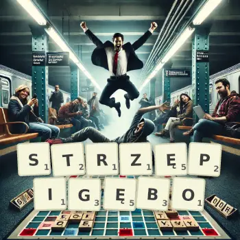 Kreatywna ilustracja do gry w Scrabble ze słowem STRZĘPIGĘBO ułożonym z płytek na planszy.
