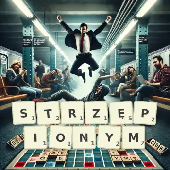 Kreatywna ilustracja do gry w Scrabble ze słowem STRZĘPIONYM ułożonym z płytek na planszy.