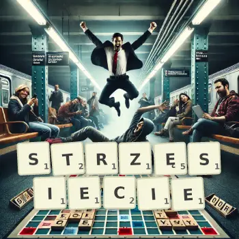 Kreatywna ilustracja do gry w Scrabble ze słowem STRZĘSIECIE ułożonym z płytek na planszy.