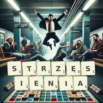 Kreatywna ilustracja do gry w Scrabble ze słowem STRZĘSIENIA ułożonym z płytek na planszy.