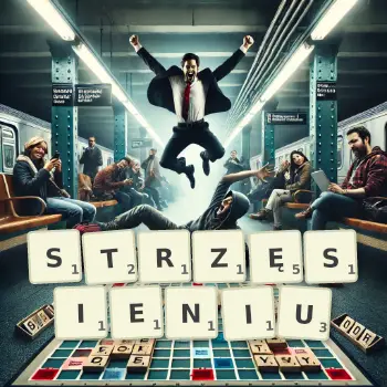 Kreatywna ilustracja do gry w Scrabble ze słowem STRZĘSIENIU ułożonym z płytek na planszy.