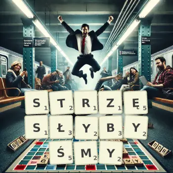Kreatywna ilustracja do gry w Scrabble ze słowem STRZĘSŁYBYŚMY ułożonym z płytek na planszy.