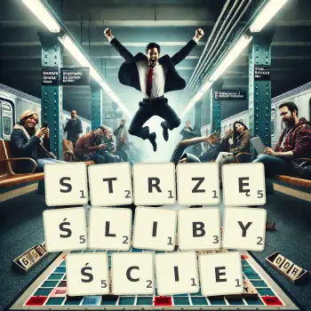 Kreatywna ilustracja do gry w Scrabble ze słowem STRZĘŚLIBYŚCIE ułożonym z płytek na planszy.