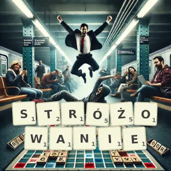 Kreatywna ilustracja do gry w Scrabble ze słowem STRÓŻOWANIE ułożonym z płytek na planszy.