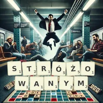 Kreatywna ilustracja do gry w Scrabble ze słowem STRÓŻOWANYM ułożonym z płytek na planszy.