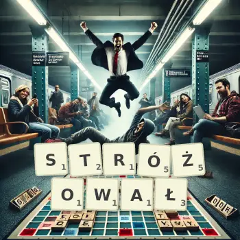 Kreatywna ilustracja do gry w Scrabble ze słowem STRÓŻOWAŁ ułożonym z płytek na planszy.