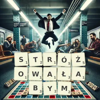 Kreatywna ilustracja do gry w Scrabble ze słowem STRÓŻOWAŁABYM ułożonym z płytek na planszy.