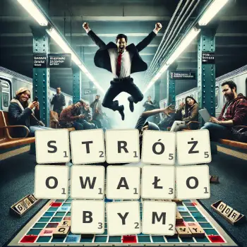 Kreatywna ilustracja do gry w Scrabble ze słowem STRÓŻOWAŁOBYM ułożonym z płytek na planszy.