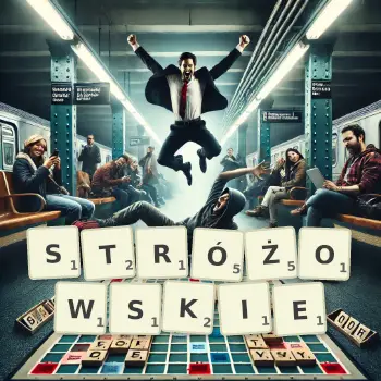 Kreatywna ilustracja do gry w Scrabble ze słowem STRÓŻOWSKIE ułożonym z płytek na planszy.