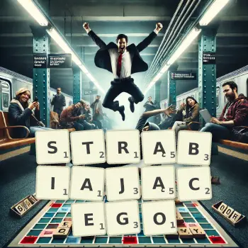 Kreatywna ilustracja do gry w Scrabble ze słowem STRĄBIAJĄCEGO ułożonym z płytek na planszy.