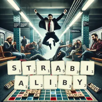 Kreatywna ilustracja do gry w Scrabble ze słowem STRĄBIALIBY ułożonym z płytek na planszy.