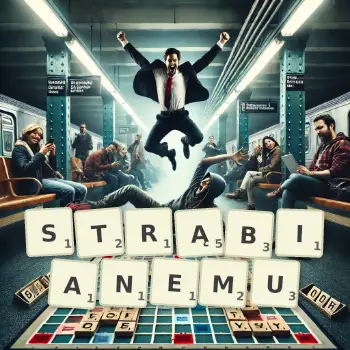 Kreatywna ilustracja do gry w Scrabble ze słowem STRĄBIANEMU ułożonym z płytek na planszy.