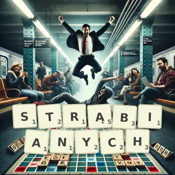 Kreatywna ilustracja do gry w Scrabble ze słowem STRĄBIANYCH ułożonym z płytek na planszy.