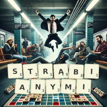 Kreatywna ilustracja do gry w Scrabble ze słowem STRĄBIANYMI ułożonym z płytek na planszy.