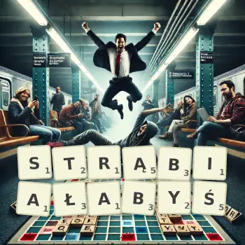 Kreatywna ilustracja do gry w Scrabble ze słowem STRĄBIAŁABYŚ ułożonym z płytek na planszy.