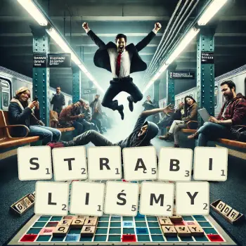 Kreatywna ilustracja do gry w Scrabble ze słowem STRĄBILIŚMY ułożonym z płytek na planszy.