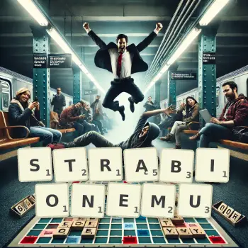 Kreatywna ilustracja do gry w Scrabble ze słowem STRĄBIONEMU ułożonym z płytek na planszy.