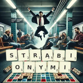 Kreatywna ilustracja do gry w Scrabble ze słowem STRĄBIONYMI ułożonym z płytek na planszy.