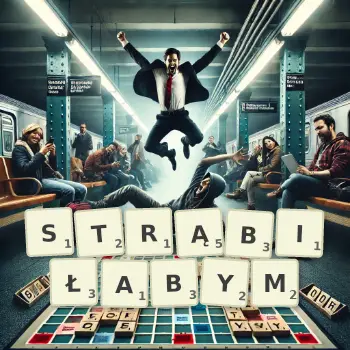 Kreatywna ilustracja do gry w Scrabble ze słowem STRĄBIŁABYM ułożonym z płytek na planszy.