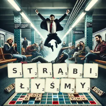 Kreatywna ilustracja do gry w Scrabble ze słowem STRĄBIŁYŚMY ułożonym z płytek na planszy.