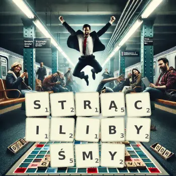 Kreatywna ilustracja do gry w Scrabble ze słowem STRĄCILIBYŚMY ułożonym z płytek na planszy.