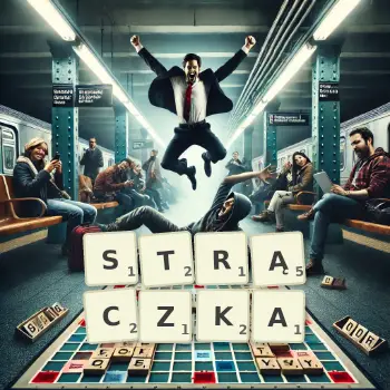 Kreatywna ilustracja do gry w Scrabble ze słowem STRĄCZKA ułożonym z płytek na planszy.