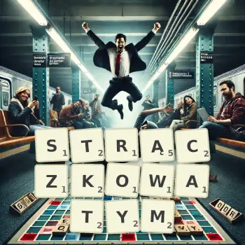 Kreatywna ilustracja do gry w Scrabble ze słowem STRĄCZKOWATYM ułożonym z płytek na planszy.