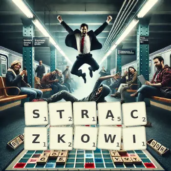 Kreatywna ilustracja do gry w Scrabble ze słowem STRĄCZKOWI ułożonym z płytek na planszy.