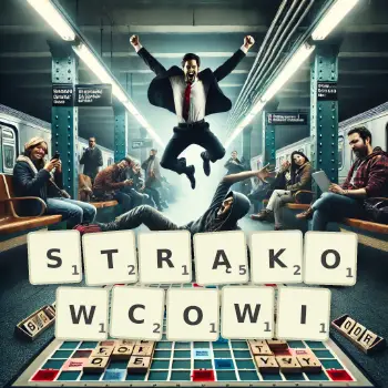 Kreatywna ilustracja do gry w Scrabble ze słowem STRĄKOWCOWI ułożonym z płytek na planszy.