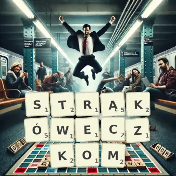 Kreatywna ilustracja do gry w Scrabble ze słowem STRĄKÓWECZKOM ułożonym z płytek na planszy.