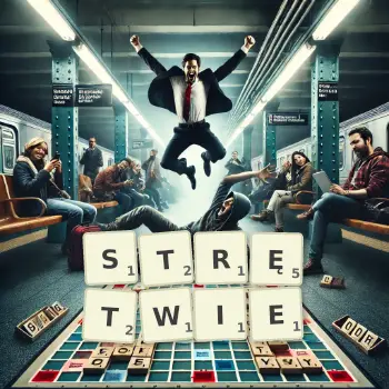 Kreatywna ilustracja do gry w Scrabble ze słowem STRĘTWIE ułożonym z płytek na planszy.