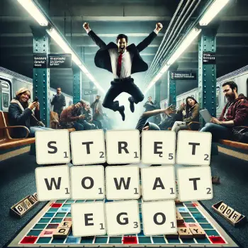 Kreatywna ilustracja do gry w Scrabble ze słowem STRĘTWOWATEGO ułożonym z płytek na planszy.