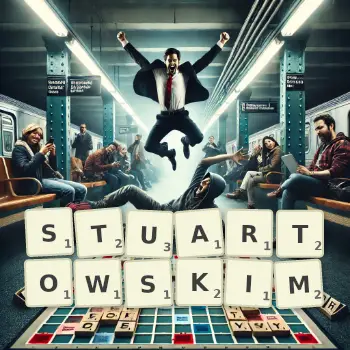 Kreatywna ilustracja do gry w Scrabble ze słowem STUARTOWSKIM ułożonym z płytek na planszy.