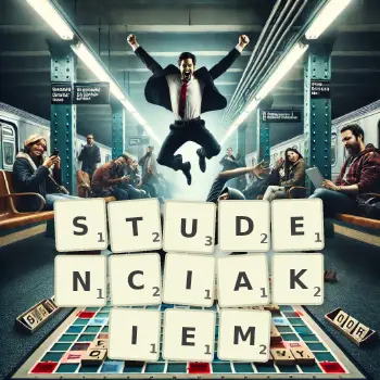 Kreatywna ilustracja do gry w Scrabble ze słowem STUDENCIAKIEM ułożonym z płytek na planszy.