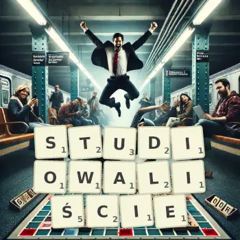 Kreatywna ilustracja do gry w Scrabble ze słowem STUDIOWALIŚCIE ułożonym z płytek na planszy.