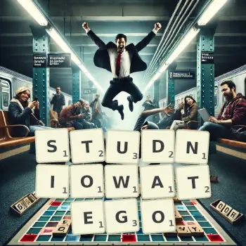 Kreatywna ilustracja do gry w Scrabble ze słowem STUDNIOWATEGO ułożonym z płytek na planszy.