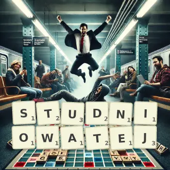Kreatywna ilustracja do gry w Scrabble ze słowem STUDNIOWATEJ ułożonym z płytek na planszy.