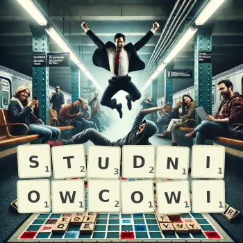 Kreatywna ilustracja do gry w Scrabble ze słowem STUDNIOWCOWI ułożonym z płytek na planszy.