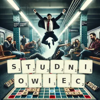 Kreatywna ilustracja do gry w Scrabble ze słowem STUDNIOWIEC ułożonym z płytek na planszy.