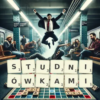 Kreatywna ilustracja do gry w Scrabble ze słowem STUDNIÓWKAMI ułożonym z płytek na planszy.