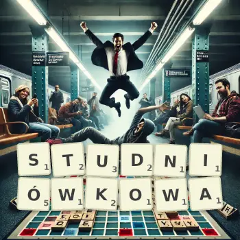 Kreatywna ilustracja do gry w Scrabble ze słowem STUDNIÓWKOWA ułożonym z płytek na planszy.