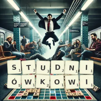 Kreatywna ilustracja do gry w Scrabble ze słowem STUDNIÓWKOWI ułożonym z płytek na planszy.