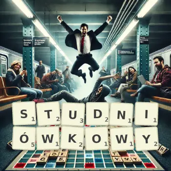 Kreatywna ilustracja do gry w Scrabble ze słowem STUDNIÓWKOWY ułożonym z płytek na planszy.