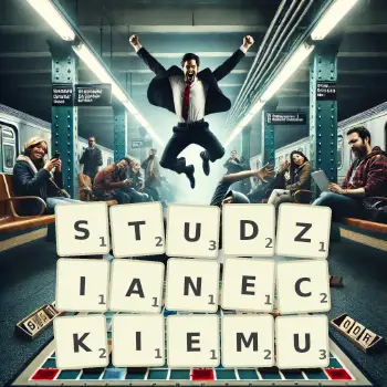 Kreatywna ilustracja do gry w Scrabble ze słowem STUDZIANECKIEMU ułożonym z płytek na planszy.