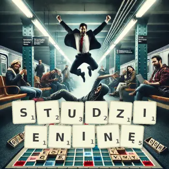 Kreatywna ilustracja do gry w Scrabble ze słowem STUDZIENINĘ ułożonym z płytek na planszy.