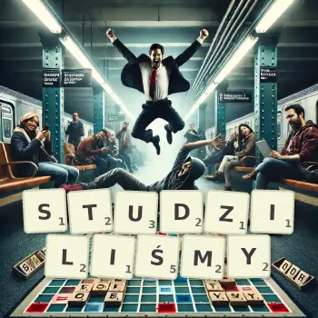Kreatywna ilustracja do gry w Scrabble ze słowem STUDZILIŚMY ułożonym z płytek na planszy.
