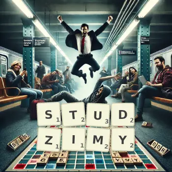 Kreatywna ilustracja do gry w Scrabble ze słowem STUDZIMY ułożonym z płytek na planszy.