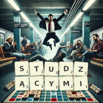 Kreatywna ilustracja do gry w Scrabble ze słowem STUDZĄCYMI ułożonym z płytek na planszy.
