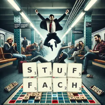 Kreatywna ilustracja do gry w Scrabble ze słowem STUFFACH ułożonym z płytek na planszy.